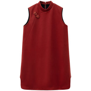 ชุดเดรสแขนกุดผ้าโพลีเอสเตอร์สีแดงสำหรับเด็กผู้หญิง ชุดไปงานวันตรุษจีน ชุดเด็กผู้หญิง ชุดฤดูใบไม้ร่วง ชุดเดรสยาวปานกลาง