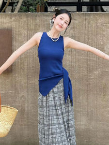 YUEZHONGWEI | Blue Knitted Strap Vest Women Summer Outerwear Waist Cinched Side Slit Sleeveless Dopaamine Style Top Commute Fashion Trend