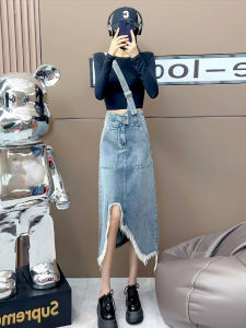 Retro High เอว ทรงเอ เดนิม กระโปรง มีรอยแยกและ ขอบรุ่ย ชายเสื้อสําหรับผู้หญิง ฤดูใบไม้ผลิ ฤดูร้อน สไตล์ใหม่ ความยาวไม่สม่ําเสมอ พรางหุ่น กระโปรงยาวปานกลาง