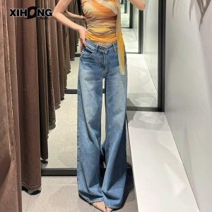 Quần Jeans Denim Ống Rộng Lưng Thấp Kiểu Dáng Rộng Mùa Thu Màu Xanh Mài Quần Dài Đến Sàn Phong Cách Retro Cho Nữ