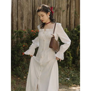 เรียบหรู สีขาว เดรส สไตล์ฝรั่งเศส Midi แขนยาว เดรส ผู้หญิง พิธีลงทะเบียน เดรส ฤดูใบไม้ร่วง ฤดูหนาว น้ำหนักเบา งานแต่งงาน เดรส