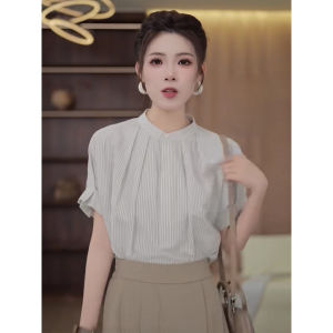 XUSHAN | Womens Striped Standing Collar Short Sleeve Shirt