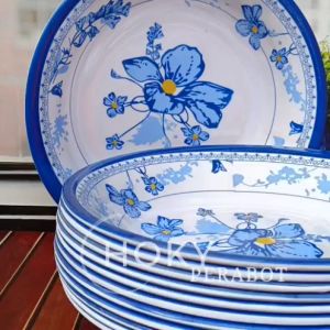 PAKET 6 PCS MELAMIN TIONGKO BIRU ISI 3PIRING DAN 3MANGKUK MELAMIN ULIR MOTIF BUNGA BAHAN TEBAL DAN ANTI PECAH