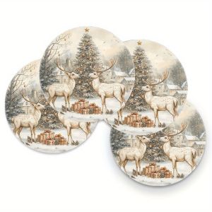 VIKAMA 4PC Hươu Tuyết Giáng Sinh Bữa Ăn Thảm Bộ Polyester Không Dệt Trang Trí Bàn Ăn Ngày Lễ Nhà Tiệc Nhà Hàng Phụ Kiện