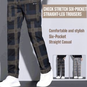 Check Stretch Six-Pocket Straight-Leg Trousers All Match Straight Casual Pants Comfortable And Stylish