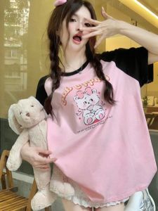 Loose Womens Short Sleeve T-Shirt Pink Splice Shoulder Summer Fashion Retro American Style Cotton Blend Korean Style Commute