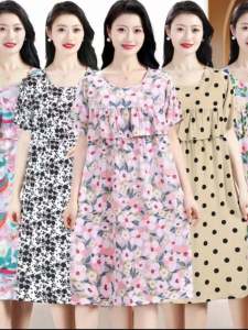 Womens Cotton Silk Sleep Dress Short Sleeve Home Clothes Moms Artificial Cotton Nightgown Skirt Anti-Protrusion Summer Size Large