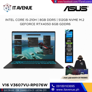 ASUS V16 V3607VU-RP076W (MATTE BLACK) - INTEL CORE I5-210H/8GB DDR5 RAM/512GB NVME PCIE M.2 SSD/NVIDIA GEFORCE RTX4050 6GB GDDR6/WIN11 HOME/16 INCHES WUXGA 144HZ DISPLAY