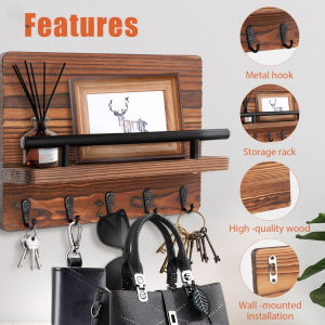 Key Holder Wall Mounted Mail Holder Key Hanging Rack with 10 Hooks Wooden Decorative Shelf Rustic