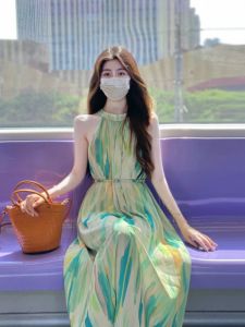 Summer New Style Womens Off-Shoulder Gradient Print Long Dress Neck Hanging Waist-Cinching A-Line Skirt High Waist U-Neck Dress