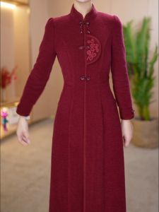 New Chinese Style Retro National Dress Womens High-end Exquisite Midi Skirt Flag Robe Dress Long Sleeve Stand Collar Winter