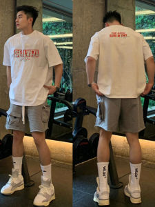 Summer Cotton Heavyweight 260g White Short Sleeve T-Shirt Mens American Trendy Brand Original Letter round Neck Top Half Sleeve