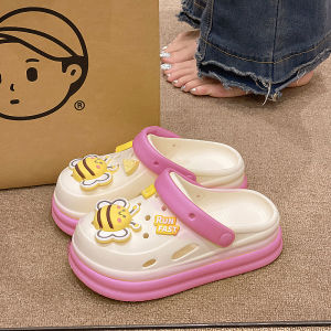 Cute Bee Pattern Thick Bottom Sandals Womens Summer New Outdoor Wear Beach Anti-slip Headed Clog Shoes Sweet Style EVA Material