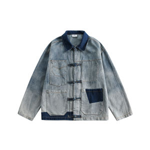 Spring Autumn Womens Denim Jacket Loose Fit Chinese Style Streetwear Cotton Polyester Blend Long Sleeve Button up Coat