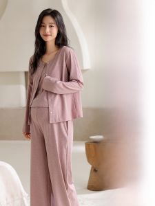 MiiOW | ชุดนอนผู้หญิงมีครรภ์พร้อมแผ่นรองหน้าอก ชุดสามชิ้น ชุดอยู่บ้าน ชุดนอนฤดูใบไม้ร่วง ผ้าโพลีเอสเตอร์ คอตตอน ยางยืด แขนยาว ทรงหลวม