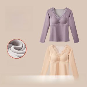 Miiow | Warm Silk Base Layer Shirt V-Neck Womens Autumn Winter New Style With Chest Pad Thickened Long Sleeve Regular Length Innerwear