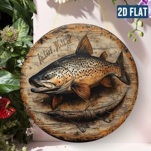 2D Flat Vintage Fishing Metal Wall Decor - Brown Trout Fish Art - Waterproof & Dustproof Aluminum Sign - Easy to Hang