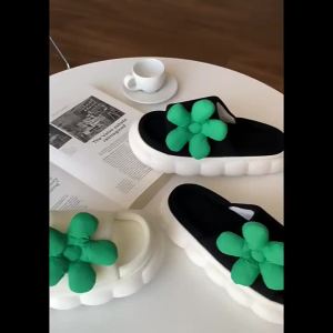 XIXITIAO Fashion Fairy Style Small Green Pattern Slippers Four Seasons Universal Indoor Mute Thick Bottom Female Summer Cotton Slippers