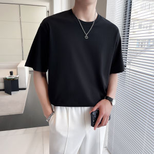 100% Pure Cotton Mens T-Shirt Short Sleeve round Neck Loose Casual Large Size Solid Color Base Shirt Trendy Base Layer Top