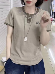 Fashionable Casual Short Sleeve T-Shirt Womens Summer New Korean Version Patchwork Beautiful Chicken Heart Neck Top