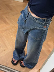 High Waist Wide Leg Jeans Fake Two-Piece Style for Pear Shaped Body Retro Washed Denim Casual Loose Fit Autumn Fashion Ladies