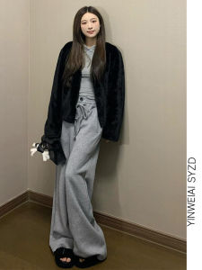 175 Tall Long Gray Drawstring Sweatpants for Women High Waist Loose and Slimming Straight Wide Leg Mop Casual Pants