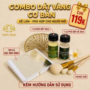 Combo Dát Vàng Cơ Bản để làm phù hợp cho người mới với 1 lọ phủ bồi vàng 1 lọ keo đá 100 lá vàng 24k 1 bộ bút chổi và kèm hướng dẫn sử dụng