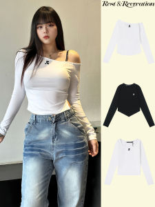 เสื้อยืดคอกลมแขนยาวผู้หญิง Pure Cotton Shoulder Bared Slim Fit แฟชั่นฤดูใบไม้ร่วง ลำลอง เสื้อผ้าทำงาน