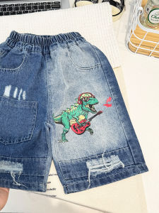 Cool Short Jeans for Boys Cartoon Print Casual Summer Pants Five Inches Length Comfortable Cotton Blend mid Waist Elastic Belt