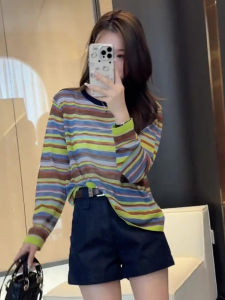 เสื้อสเวตเตอร์ถักลายทางสำหรับผู้หญิง ทรงหลวม แขนยาว บาง ป้องกันแสงแดด สำหรับใส่ไปทำงาน ฤดูร้อน 2025 เสื้อคลุมเครื่องปรับอากาศ