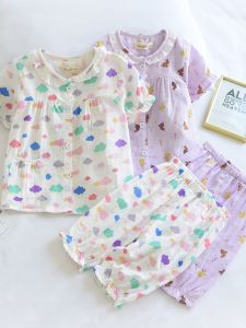 Kids Summer Thin Girl Short Sleeve 7 Pants Pure Cotton Gauze Pajamas Baby Air Conditioning Children Children and Teens Loungewear