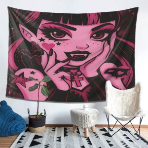 VIKAMA Dark Gothic Girl Manga Phong Cách Tấm Thảm Thoáng Mát Ngọt Ngào Trang Trí Phòng Polyester Trang Trí Nhà Treo Tường Cho Phòng Khách Phòng Ngủ