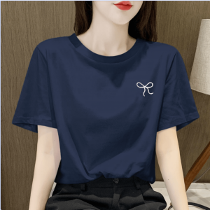 100% Pure Cotton Short Sleeve T-shirt for Women Loose Fit Butterfly Knot Printed Summer Work Clothing Straight Tube Type