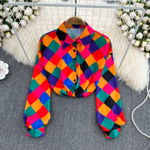 Loose Fit Plaid Shirt Single Button Print Long Sleeve Korean Style Womens Top Vintage Design Autumn Spring Fashion Trend