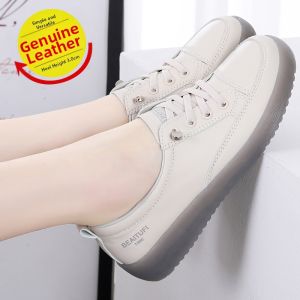 Genuine Leather Mom Shoes Slip-On Soft Bottom Flat Bottom Anti-Slip Spring White Sneakers Casual Style Elastic Closure Daily Wear
