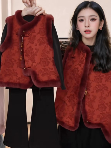 Red Thickened Cotton Vest Skirt for Mother And Daughter Chinese Style New Year Parent-Child Clothes Winter Greetings Outfit
