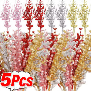 YESPERY 5Pcs Glitter Christmas Berry Stems Golden Powder Berries Home Decor Flower Xmas Tree DIY Wreath Fireplace Decor
