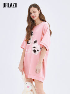 URLAZH Summer New Cotton Candy Print Pet Dog round Neck Pink Sweatshirt Dress Womens Simple Style Loose Waist Polyester Blend