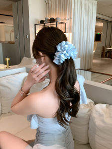 Mùa Hè 2024 Phụ Kiện Tóc Hoa Nhiều Lớp Màu Xanh Tinh Tế Cho Phụ Nữ Dây Buộc Tóc Hình Ống Trang Trí Tóc Đi Biển Phong Cách Hàn Quốc Dây Buộc Tóc Bằng Vải