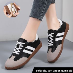Large Size Womens Sport Shoes Leather Upper Work Shoes Full Black Spring Autumn New Style Phu Quoc Fat Wide Fit Casual Fashion