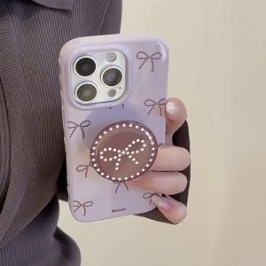 Korean Purple Full Screen Dots Bowknot Bracket Phone Case for iPhone 17 16 15 14 13 12 Pro Max Shockproof Protective Soft Cover
