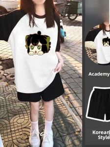 Girls Cartoon Short Sleeve Cotton Set Korean Style Casual Five-Point Shorts Summer Outfit Breathable Sweat Absorbent Wear Resistant