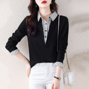 Outlet Store Clearance Brand เสื้อสเวตเตอร์ถัก เสื้อเชิ้ตลายทาง ผู้หญิง แขนยาวสองชิ้นปลอม เสื้อชั้นใน Warmth Emitting