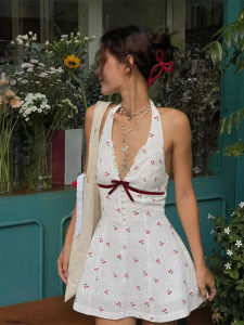 Pure Sweet Spicy Cherry Print V-neck Hanging Neck Dress Women Summer Slimming Short Skirt High Waist A-line Gown Sleeveless