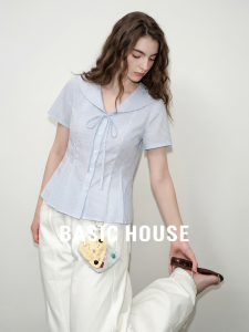 Basic House | Blue Stripe Short Sleeve Lightweight Autumn Workwear Tie Blouse