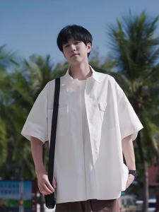 Loose Fit Short Sleeve Casual Shirt for Men Summer New Style Retro Cityboy Versatile Teenage Casual Shirt Jacket Polyester Fiber