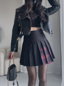 Slimming High Waist Pleated Skirt Womens Spring Autumn New Style Half Body Design Sense Small Audience Check Pattern Splicing Short Skirt