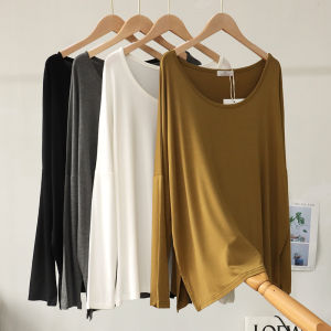 Modal off-Shoulder Top Womens Early Spring Slit Loose Plus Size Idle Style Slimming and Shoulder Hollow Big round Neck T-shirt