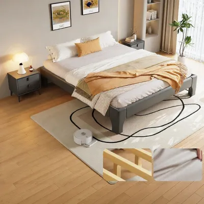Full Solid Wood Bed Frame No Headboard 1.2/5/8 Tatami Row Skeleton for Home Bedroom Double Size Cream Style Music Pillow