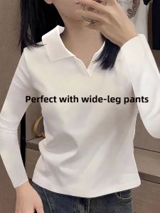LINGLONGDAI | Cotton Polo Neck Long Sleeve T-shirt For Women